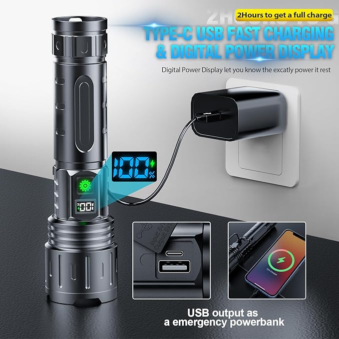 Hoxida Flashlights High Lumens Rechargeable - 2000 Lumens Long Beam Super Bright LED Flash Light with Power Display & IPX5 Waterproof for Camping, 20H Runtime,5 Modes,Zoomable Handheld Flashlight