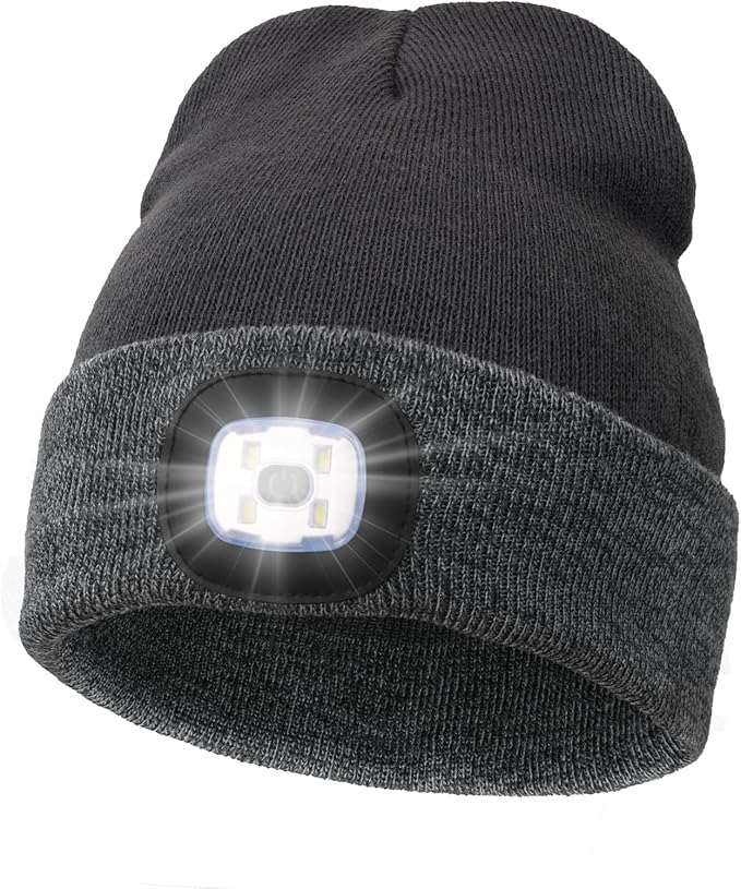 MELASA Unisex Hat with Light, USB Rechargeable Hands Free Headlamp LED Beanie, Winter Gifts for Men Dad Father Husband Him