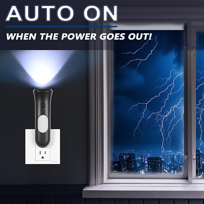 4 in 1 Emergency Lights for Home Power Failure, 3 Pcs Rechargeable LED Flashlight Plug in Wall, Automatic Turn-On Power Outage Night Light Flashlight for Hurricane Preparedness Items, Black