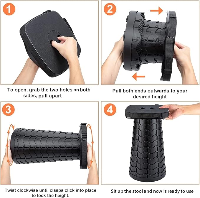 Portable Collapsible Stool Set - Heavy Duty Square Collapsible Stool + Thick Seat Cushion - 550lbs Load Capacity for Camping Picnic Gardening Travel (Black/Black)