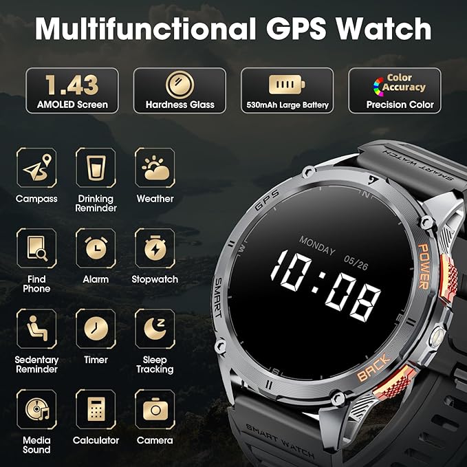 Military Smart Watch for Men with GPS, 1.43" AMOLED Bluetooth Call Smartwatch with LED Flashlight, Rugged Smart Watches for Android iOS, IP68 Waterproof Fitness Tracker with Heart Rate (Black)