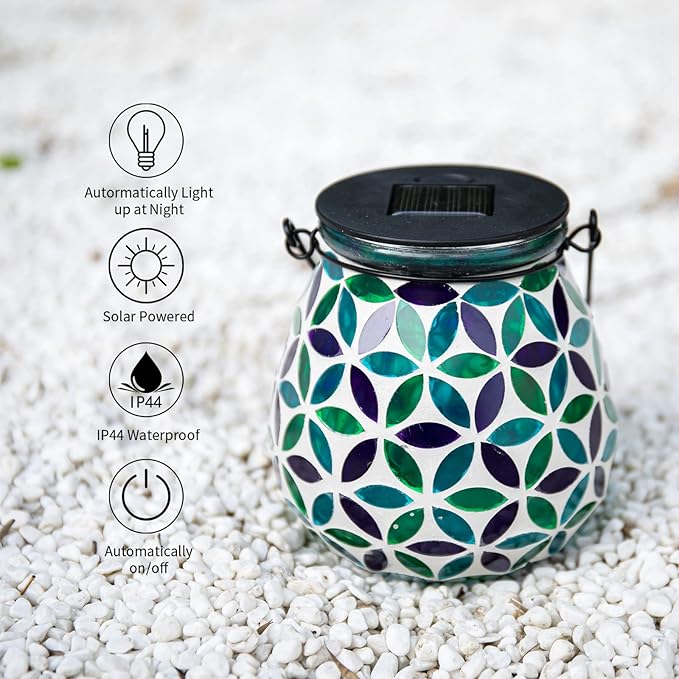 Afirst Mosaic Solar Lanterns Outdoor - Glass Hanging Solar Lights Hollow Out Waterproof Table Lamp Outdoor Decorative for Garden, Patio, Holiday Party Outdoor Decoration