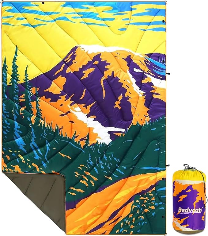 Camping Blanket, Puffy Waterproof Travel Blanket, Warm Cozy Picnic Blanket, for Outdoors, Travel, and Mountain.(Mountain, 78" x 56")