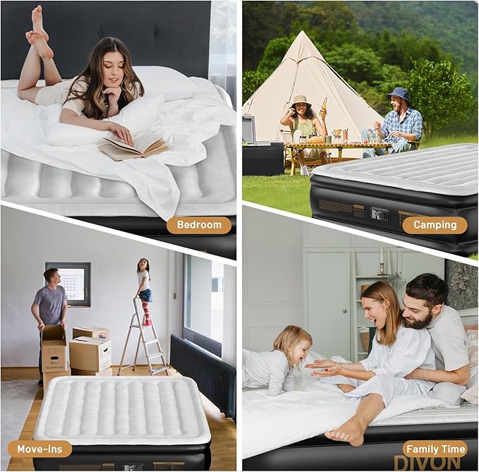 DIVON Air Mattress Queen with Built in Pump,Blow Up Mattress with Wave Pattern in 3 Mins,18'' Quick Inflatable Mattress, Luxury Airbed for Home&Camping,Black,660lbs
