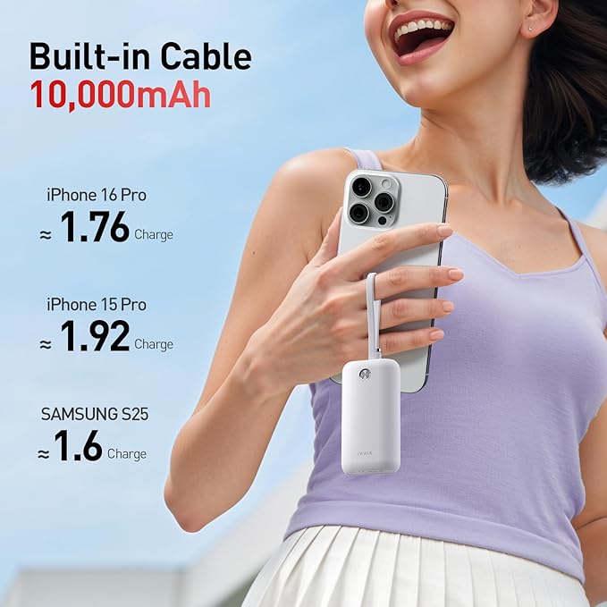 iWALK Mini Portable Charger 10,000mAh, 22.5W USB-C Fast Charging Power Bank with Built-in Cable, Travel Essential Ultra-Small Battery Pack Compatible for iPhone 16/16 Pro/15, Samsung, Google, White