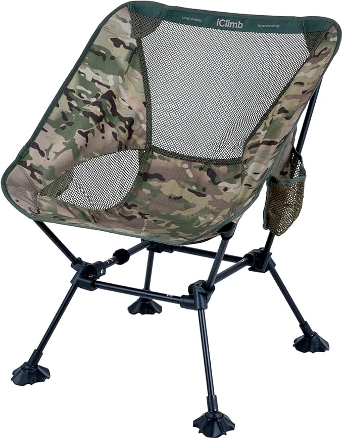 iClimb Ultralight Compact Camping Folding Beach Chair with Anti-Sinking Large Feet and Back Support Webbing (Woodland - Square Frame)