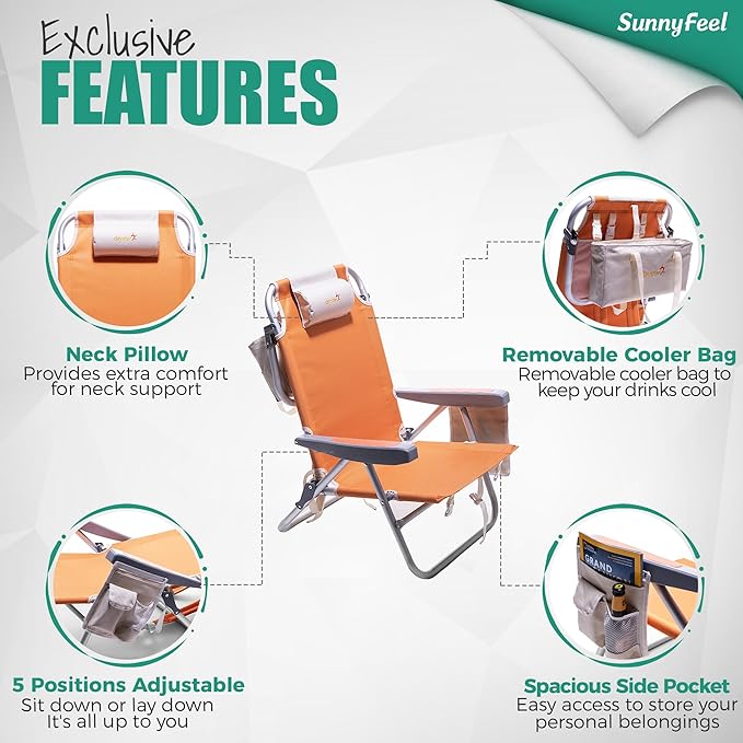 SUNNYFEEL Low Beach Chair, 5-Position Lay Flat Reclining, Backpack Portable Folding Chair with Cooler Bag & Cup Holder, Heavy Duty 350 LBS, Compact for Beach, Camping, Travel