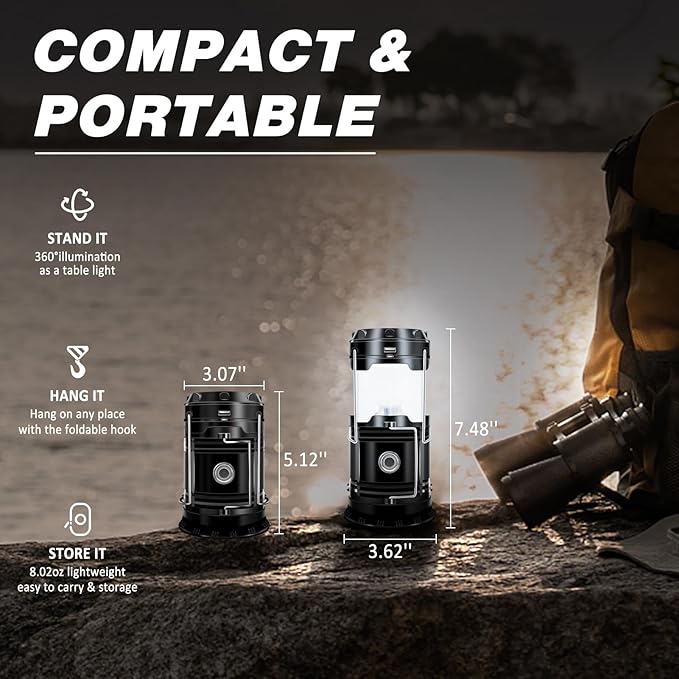 DIBMS 2-Pack Solar Camping Lantern, Collapsible LED Solar USB Rechargeable Lantern Flashlight Emergency Hanging Lights for Camping Hurricanes Power Outages Indoor Outdoor