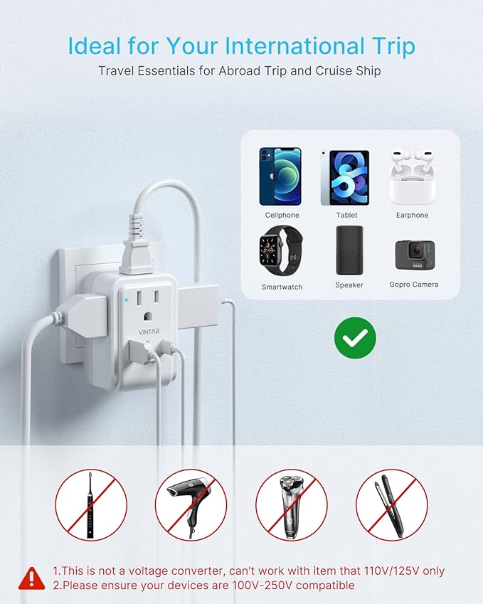 1 Pack US to Japan Plug Adapter, VINTAR Foldable Japan Power Adapter with 4 Outlets and 3 USB Ports(2 USB C), 2 Prong to 3 Prong Outlet Adapter for USA to Japan China Canada Philippine, Type A