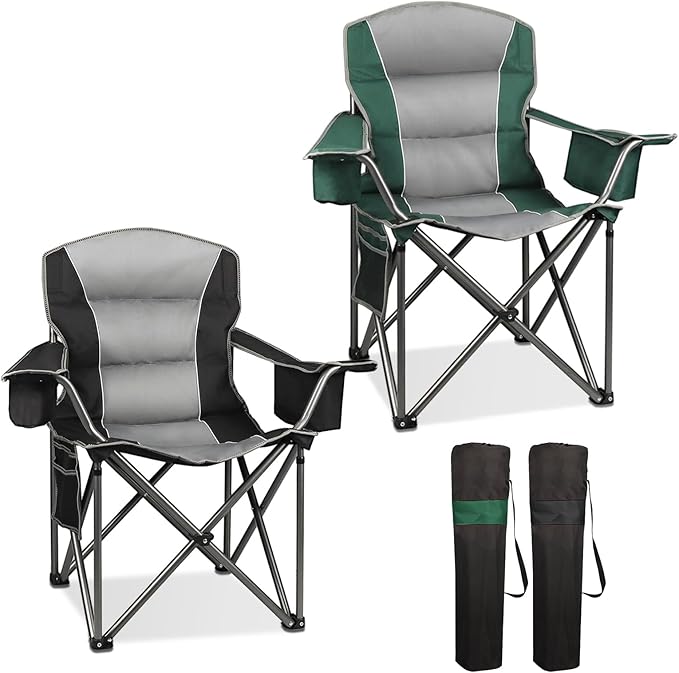 Northroad 2 Pack Oversized Camping Chair, Padded Portable Chairs Heavy Duty Camping Folding Chairs w/Cooler Bag & Cup Holder, Support 400 LBS for Outdoor, Fishing & Garden (Black & Green)