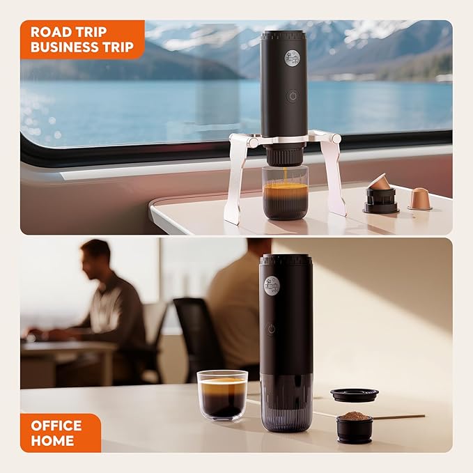 Portable Espresso Machine Mini 12V Rechargeable 3-in-1 Multi-Function Electric Coffee Machine One Key Extraction Compatible with NS & DG Capsules and Ground Coffee for Office Home (RED-NEW)