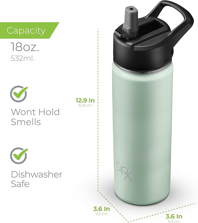 SipX™ Triple-Insulated Stainless Steel Water Bottle 18oz. With 3 Lids, BPA-Free Reusable Insulated Water Bottle Keeps Cold 24 Hours, (Green)