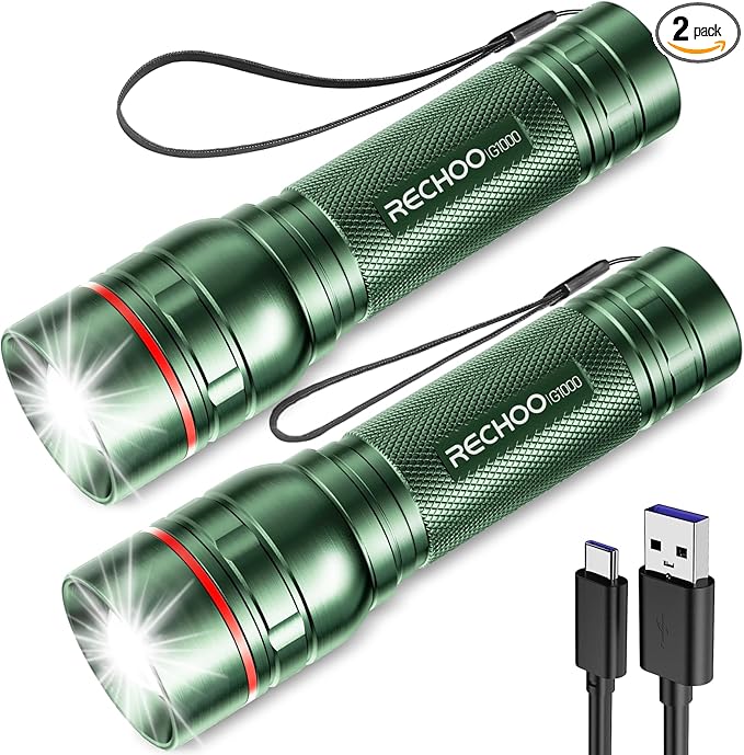 Rechargeable Flashlights High Lumens, G1000 Super Bright Flash Light 2 Pack, Small Zoomable LED Flashlight with 3 Lighting Modes, Portable Flashlight for Camping Essentials (Battery Included)-Green