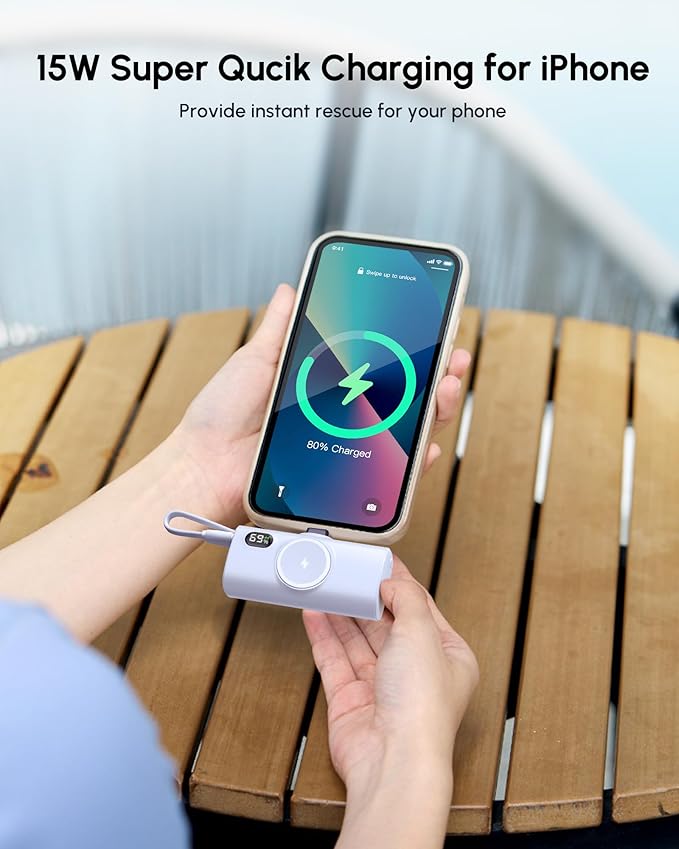 Small Blue Portable Charger for iPhone Power Bank with USB Type C Cable 5000mAh 15W Fast Charging Mini External Battery Pack for iPhone 14/13/12/16/15 Pro Max/Cellphones/Tablets Power Charger