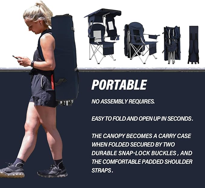 BDL Camping Chair with Canopy Shade Portable Folding Beach Chairs with Cooler, Mesh Backrest, Cup Holder, and Pocket for Camping, Fishing, Beach, and Sports,Blue