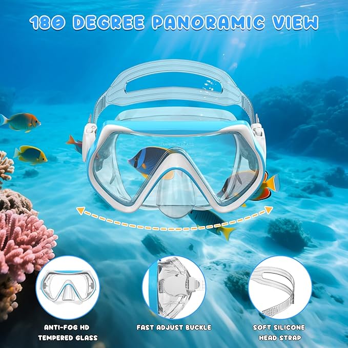 Snorkeling Gear for Kids, Kids Snorkel Set for Ages 6-14, Dry Top Snorkel, Mask Set Kid Swimming Goggles Diving Mask Combo Set Anti-Fog Panoramic View Scuba Packages