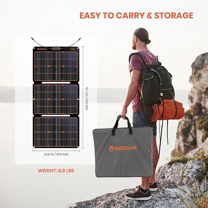 FlexSolar 120W Portable Solar Panel for Power Station, High Efficiency ETFE Foldable Solar Charger with Ajustable Stand and 4-in-1 Cable for Most Solar Generator/RV/Camping/Emergency Power Supply