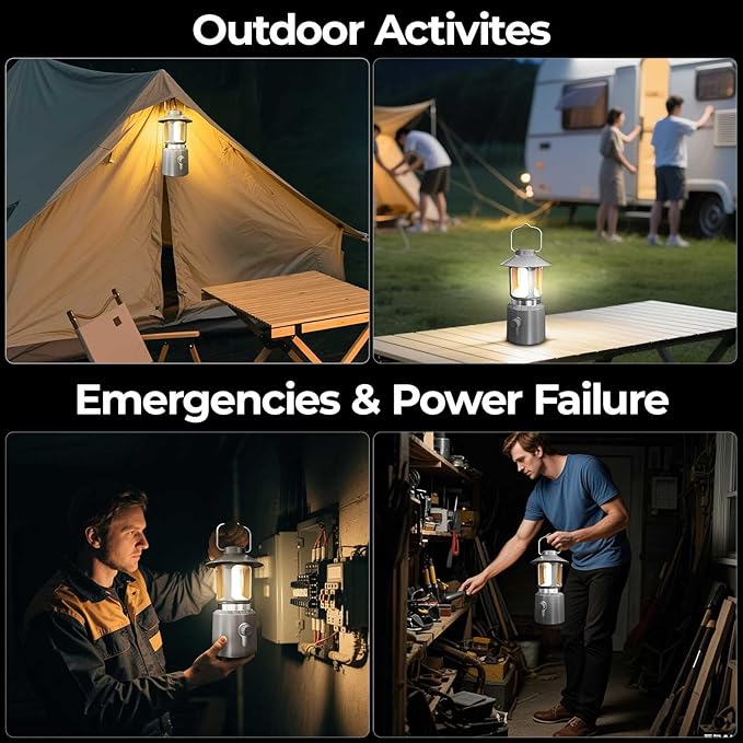 Camping Lantern Rechargeable, 8000mAh Power Bank, Telescopic Tent Light with 360° Lighting, Dual Light Source (LED & Vintage Filament), 3 Light Modes (2000K-6500K) Tent Lamp for Camping, Emergency