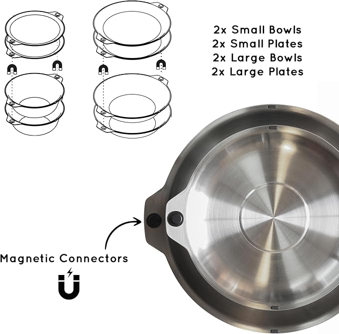 FULL WiNDSOR - MAGWARE - Magnetic Bowls and Plates Set - Stainless Steel Travel Dinnerware for Camping, Overlanding, Backpacking, Picnic, RV, Outdoor Dining Portable Tableware Mess Kit