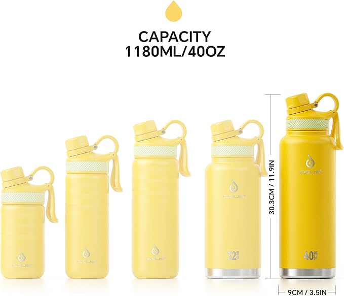 IDEUS Insulated Stainless Steel Water Bottle with 2 Leak-Proof Lids, Thermal Water Flask for Hiking Biking, 40oz, Bright Yellow