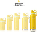 IDEUS Insulated Stainless Steel Water Bottle with 2 Leak-Proof Lids, Thermal Water Flask for Hiking Biking, 40oz, Bright Yellow