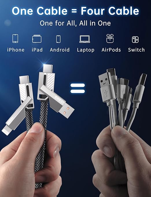 [One is Enough] 4-in-1 Compatible with USB C to Lightning Cable, 240W High-Speed Charging & Fast Data Transfer,CarPlay & Android Auto Support Multi Charger Cord Combo for iPhone/Samsung/iPad,3FT