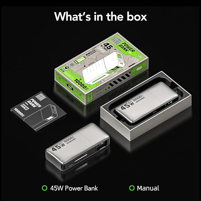 45W Power Bank, Portable Charger Built-in Retractable Cables with LED Display, 10000mAh 2 USB-C Fast Charging Powerbank for iPhone 16/15 Series, MacBook, and More