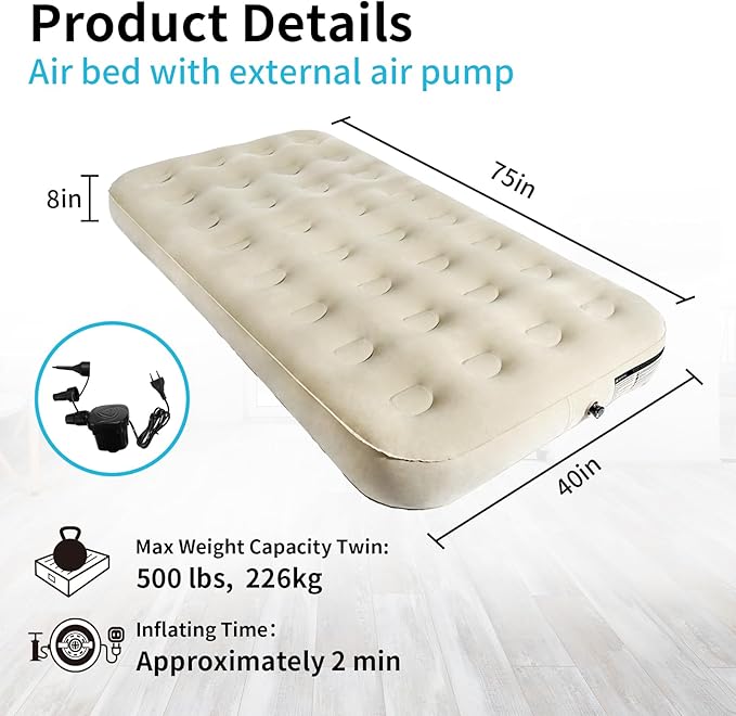 Twin Air Mattress with Fast Inflating Pump, Blow up Mattress of Wave Flocked Top, Durable Air Bed for Home, Camping & Guests 8in Bed Height – 500lb Weight Capacity