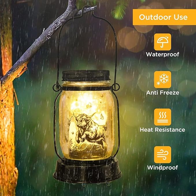 Highland Cow Gifts for Women/Men Highland Cattle Lovers Solar Lantern Mom Birthday, Mothers Day, Christmas Gifts, Solar Cow Garden Decoration Outside for Yard, Patio,Backyard,Porch, Torches