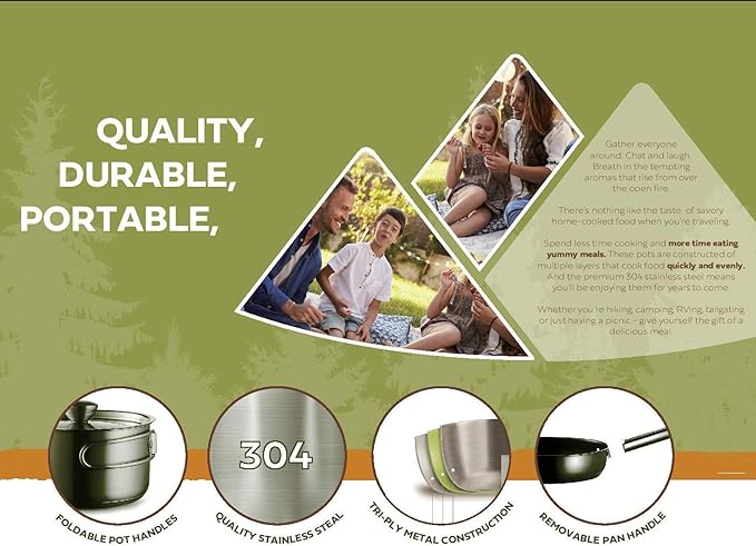 Camping Cookware Set 304 Stainless Steel 8-Piece Pots & Pans Open Fire Cooking Kit | Frying Pan Steamer with Travel Tote Bag | Compact For Outdoors & Indoors Kitchen Family Campfire Hiking RV