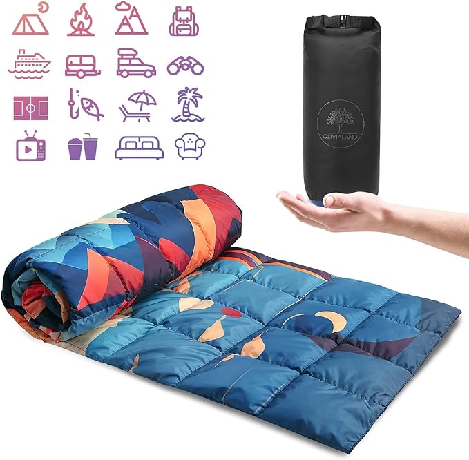 Down Camping Blanket, Ultralight Compact Packable Throw with Snaps for Outdoor Indoor, Travel Stadium Concert Picnic Beach, Puffy 650 Fill Down Water-Resistant Quilt (Mountain Sunset)