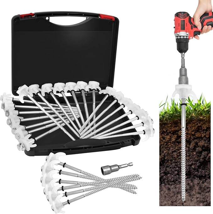 20 Pack 8" Screw in Tent Stakes Heavy Duty- Ground Anchors Screw- Tent Pegs Camping Stakes- Hex Pegs Drillable Tent Stakes and Hexagon Head Drive and Storage Box (White)