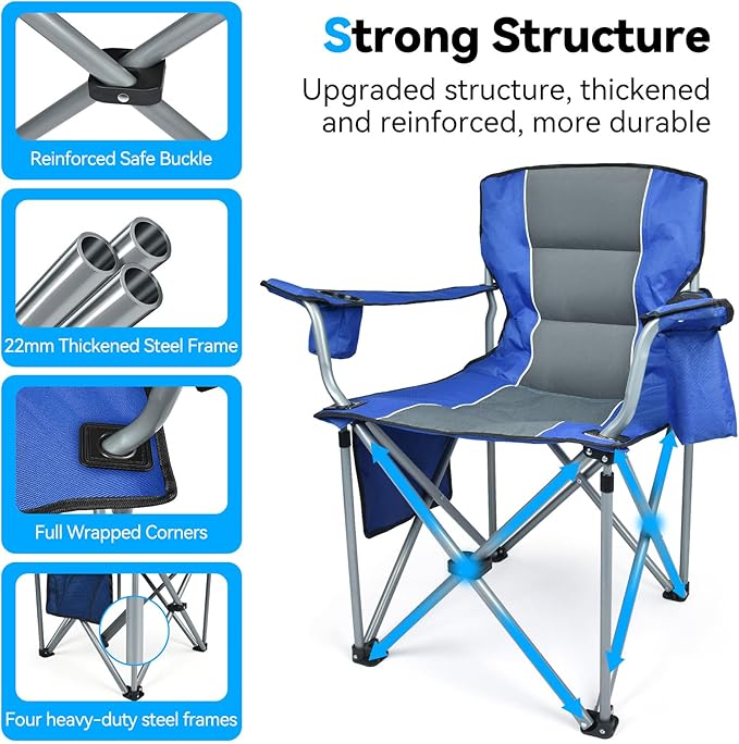 Oversized Camping Chairs for Adults, Folding Chairs for Outside Heavy Duty - 400lbs Support with Cup Holder, Cooler Bag and Side Pocket, Portable for Lawn, Outdoor Sports