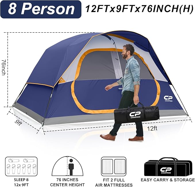 CAMPROS CP Tent 8 Person Camping Tents, Waterproof Windproof Family Tent with Top Rainfly, Large Mesh Windows, Double Layer, Easy Set Up, Portable with Carry Bag, for All Seasons