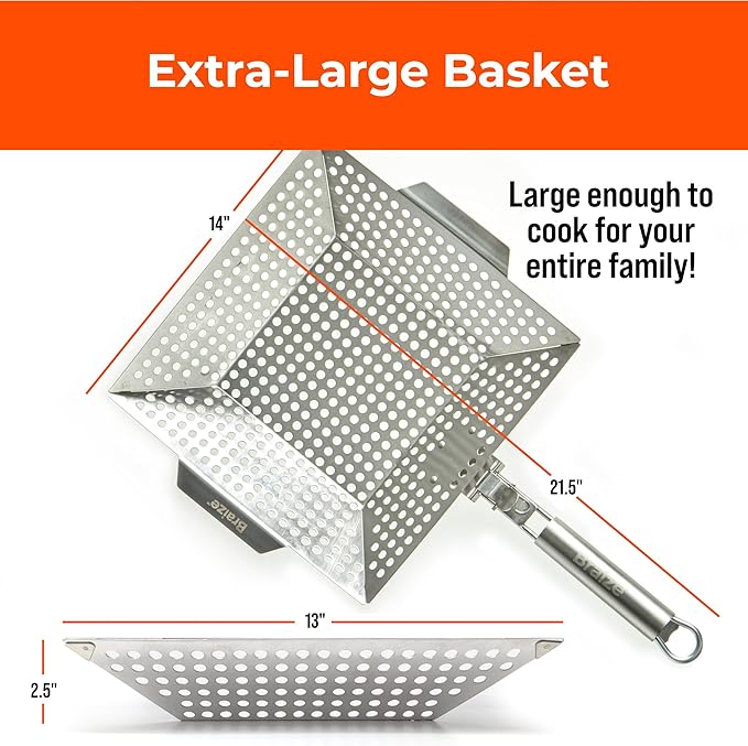 Heavy-Duty Stainless Steel Grill Basket – 12"x13.75" Large BBQ Basket with Removable Handle – Durable Grilling Basket for Vegetables, Fish & Meat – Outdoor Cooking Accessory with 4 Bonus Scrub Sponges