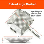 Heavy-Duty Stainless Steel Grill Basket – 12"x13.75" Large BBQ Basket with Removable Handle – Durable Grilling Basket for Vegetables, Fish & Meat – Outdoor Cooking Accessory with 4 Bonus Scrub Sponges
