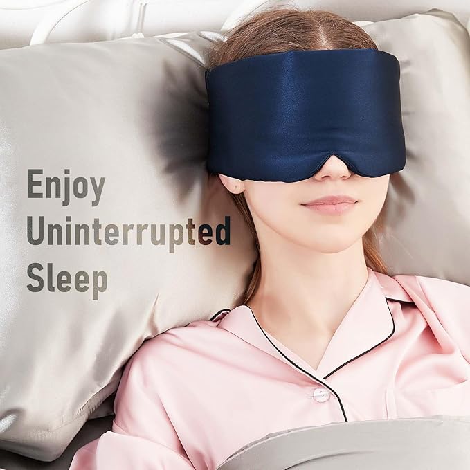 Nature Silk Sleeping Mask Soft Featherweight Eye Mask Large Wrap-Around Blindfold with Adjustable Velcro Blackout for Wild Sleeper Nose Cut (NavyBlue)