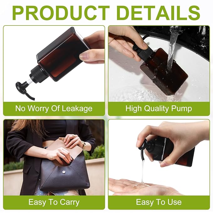 Domensi 12 Pcs 100ml /3.4 oz Pump Bottle Mini Travel Bottles Small Dispenser Containers Plastic Pump Lotion Dispenser Empty Square Travel Size Containers Toiletries (Brown)