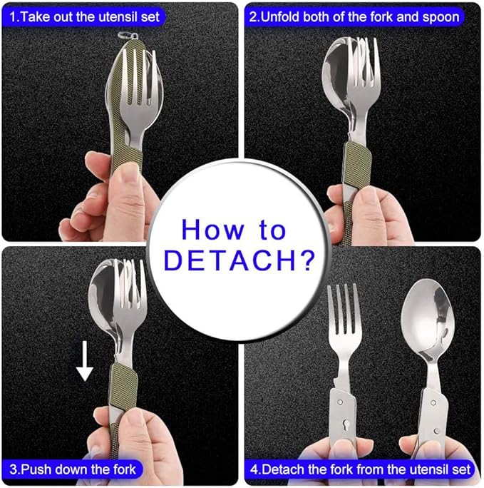 2Pcs Detachable Camping Utensils Cutlery Set, Caudblor Portable 4 in 1 Stainless Steel Travel Utensil, Foldable Knife Fork Spoon Bottle Opener, Multi Function Eating Flatware Tableware(Green Black)
