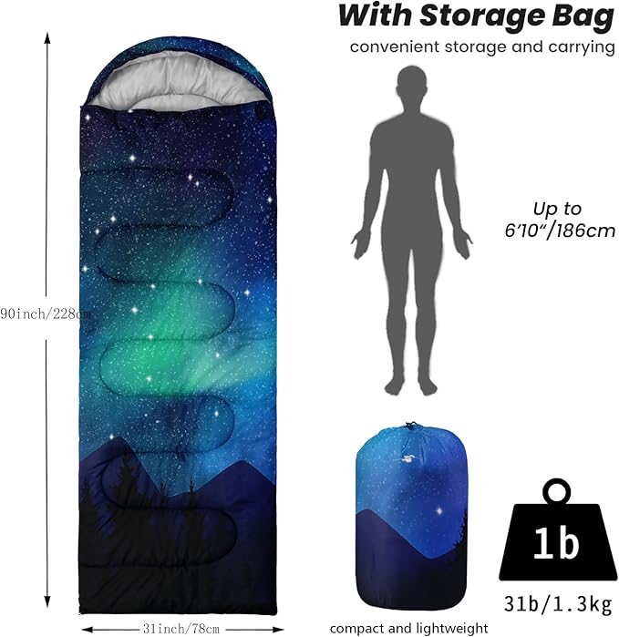 Sleeping Bags for Adults Youth Kids,3D Printing Camping Sleeping Bag for Girls Boys Lightweight Waterproof Cold/Warm Weather Sleeping Bag for 3 Seasons