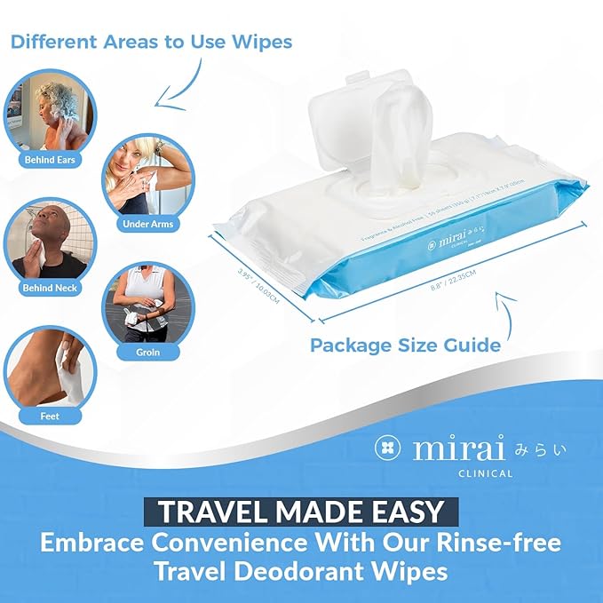 Mirai Clinical's Deodorizing Body Wipes for Women & Men - Cleansing & Refreshing Deodorant Wipes Women & Men Love - Fights Nonenal Body Odor - For Whole Body Usage - Unscented - 3 packs.