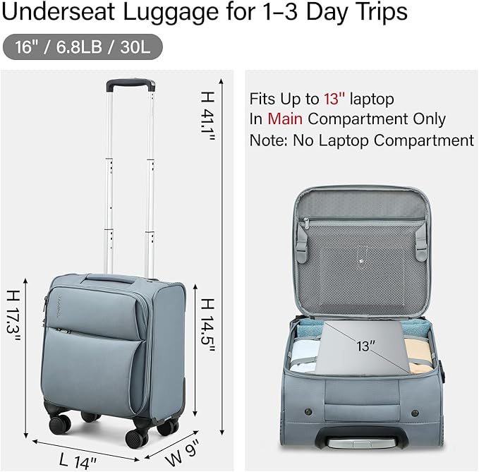 Hanke 16 Inch Underseat Carry On Luggage with Spinner Wheels for Airline, Small Softside TSA Approved Luggage Lightweight Rolling Suitcases Under Seat Travel Carry-On Bag(Grey)