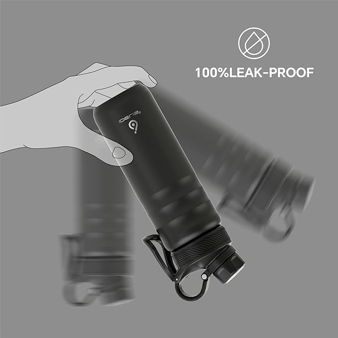 IDEUS Insulated Stainless Steel Water Bottle with 2 Leak-Proof Lids, Thermal Water Flask for Hiking Biking, 24oz, Black