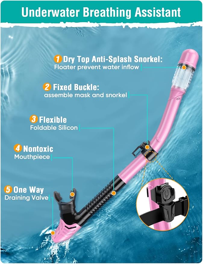 Snorkel Set Adults Snorkeling Gear Anti-Fog Panoramic View Swim Mask Dry Top Snorkel Kit with Carry Bag for Snorkeling Scuba Diving Swimming Travel