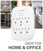 Fosmon 6 Outlet Wall Mount Surge Protector, 3-Prong Surge Suppression 1200 Joules, 15A 125VAC 60Hz 1875Watts Wall Outlet Adapter, Grounded LED, ETL Listed - White