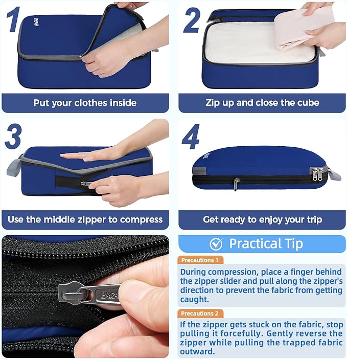 BAGAIL 4 Set/6 Set/8 Set Compression Packing Cubes Travel Accessories Expandable Packing Organizers (Cloth Pattern, 4-Navy)