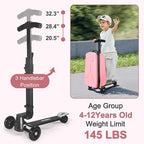iubest Luggage Carry On Scooter Suitcase for Kids Age 4-15, Detachable & Foldable 4 in 1 Suitcase, Multifunctional Ride On Travel Trolley Scooter Combo-Pink