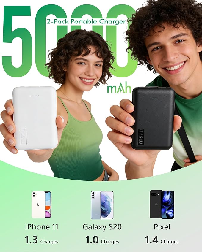 Miady 2-Pack Small Portable Charger, 5000mAh Mini Power Bank Type C in&Out Travel Battery Pack Compatible with iPhone 17/16/15/14/13 Galaxy S24/22 iPad Android etc (Black+White)