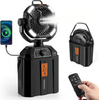 Odoland Portable Camping Fan with LED Light, 30000mAh Rechargeable Battery Operated Oscillating Fan with Remote & Hook, 6L Bucket Misting Fan for Outdoors Patios,Travel,Jobsite, Black