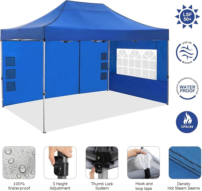 COBIZI 10x15 Pop up Canopy Tent 10x15 Canopy with 4 Sidewalls Waterproof Heavy Duty Commercial Canopy Tent for Parties Outdoor Tent Garden Gazebo Tent, Carry Bag(10x15ft, Blue)
